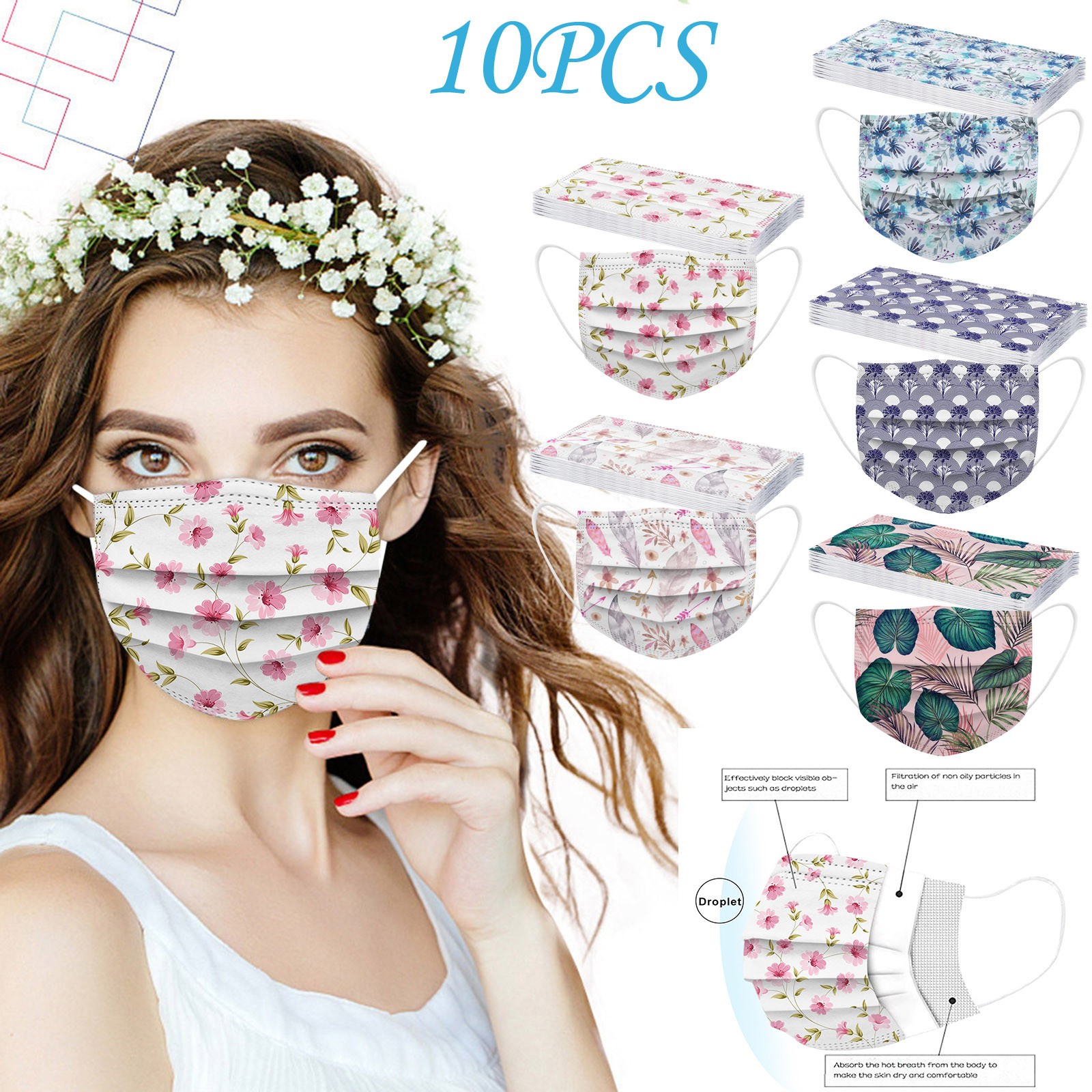 18 Styles 10pcs Disposable Face Masks Unisex Adult Floral Leaves Print 3-layer Windproof Fog Fog Pollution Face Masks