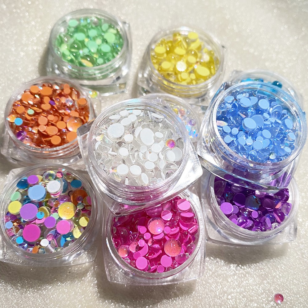 White 1 Box Candy Colors Mixed Size Mermaid Glass Round Crystal Beads AB Nail Art Flat Rhinestones Embellishments