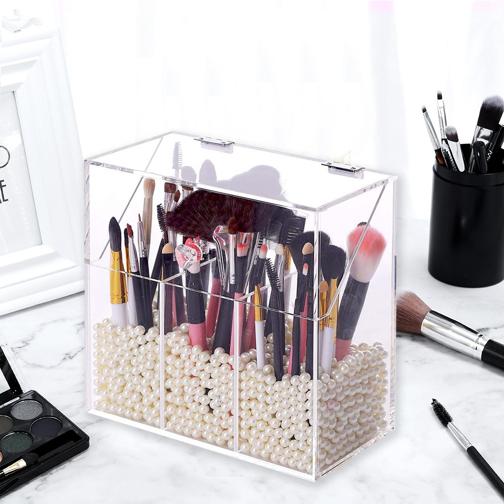 Pearl Clear Acrylic Cosmetic Brush Holder Transparent Container Dustproof Beauty Tools Makeup Organizer Pen Storage Box