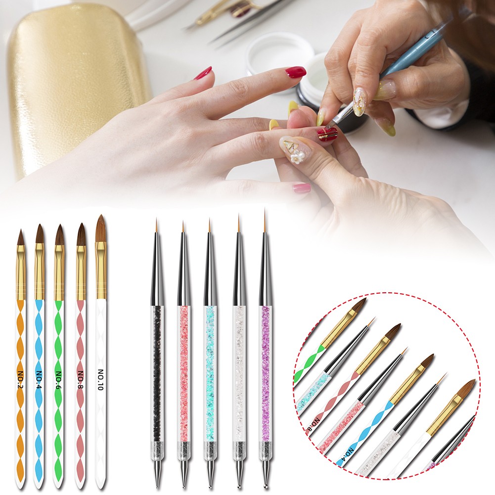 10pcs Home Salon Drawing Pen with Crystals Carving Portable Nylon Hair Liner Tips Builder Manicure Tool Nail Art Brush Set