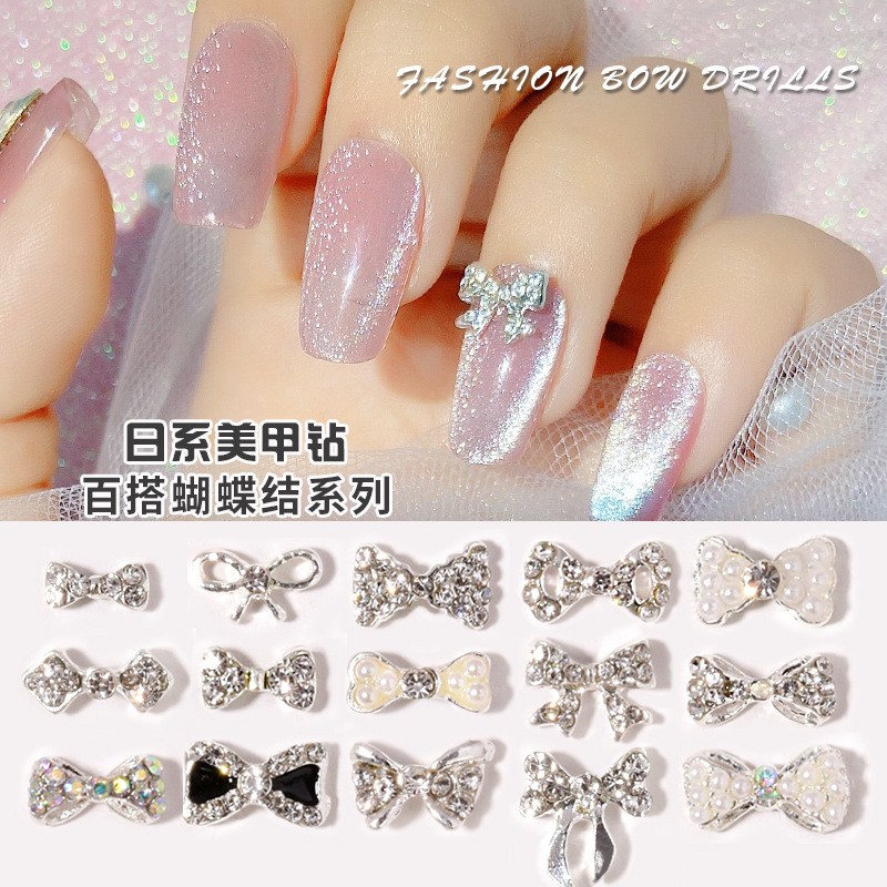 3pcs nail jewelry bow knot diamond rhinestone super flash Japanese net red hot nail decoration pearl diamond jewelry