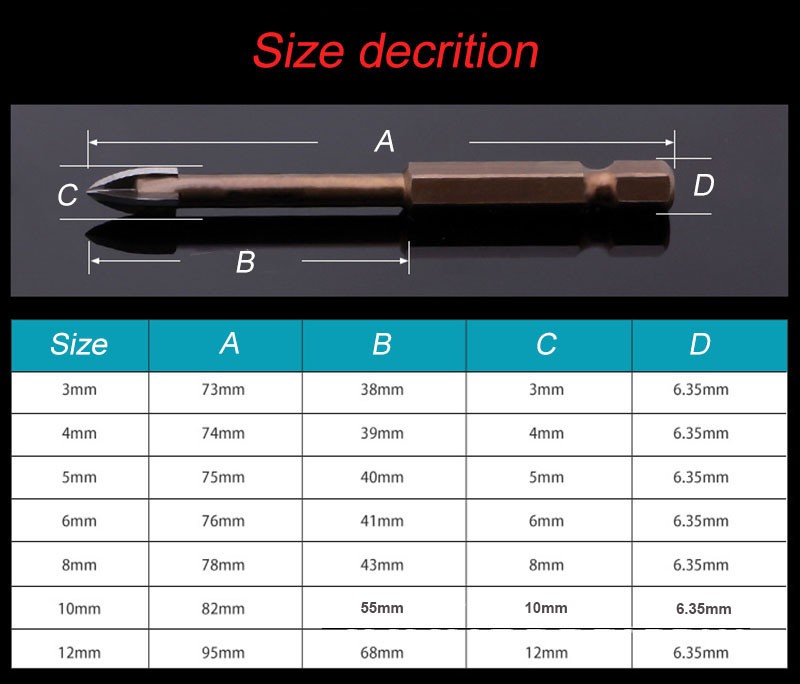 JUSTINLAU Cross Hex Tile Bits Glass Ceramic Concrete Hole Opener Triangle Drill Bit 3/4/5/6/7/8/10/12mm Alloy