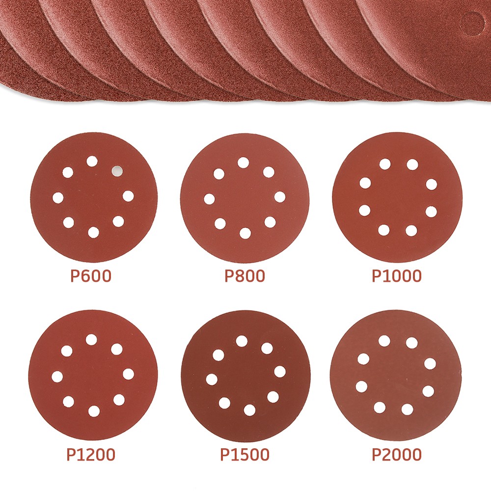 Round Sanding Discs Set, 5", 60 Pieces, 8 Holes, Sandpaper, Hook Ring, Sandpaper