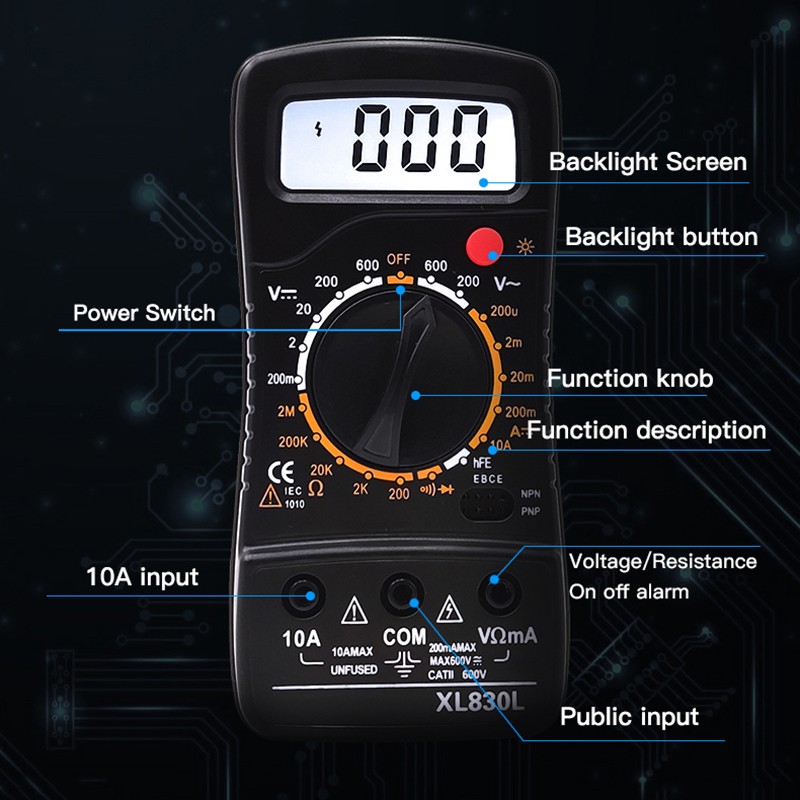 Taihom Digital Multimeter AC DC 600V Tester Alternating Current 10A Three-Path Diode 1999 Count Backlight Low Voltage Signal