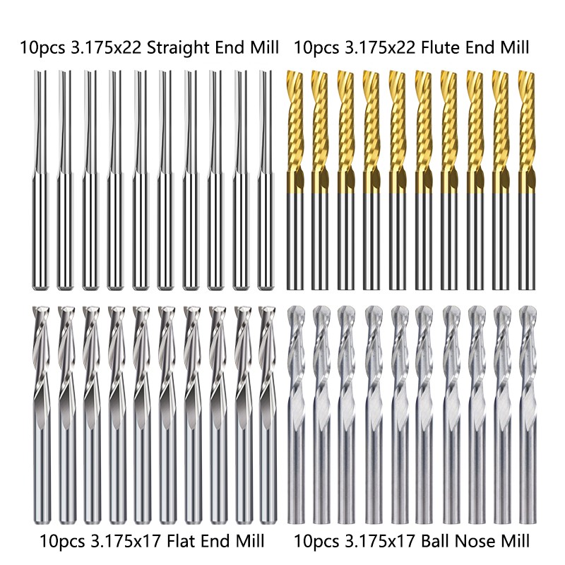 XCAN Milling Cutter 10/40pcs CNC Router Bit 3.175 Shank Ball Nose Flat Straight Milling Clip Final Flute Carbide Mining Tools