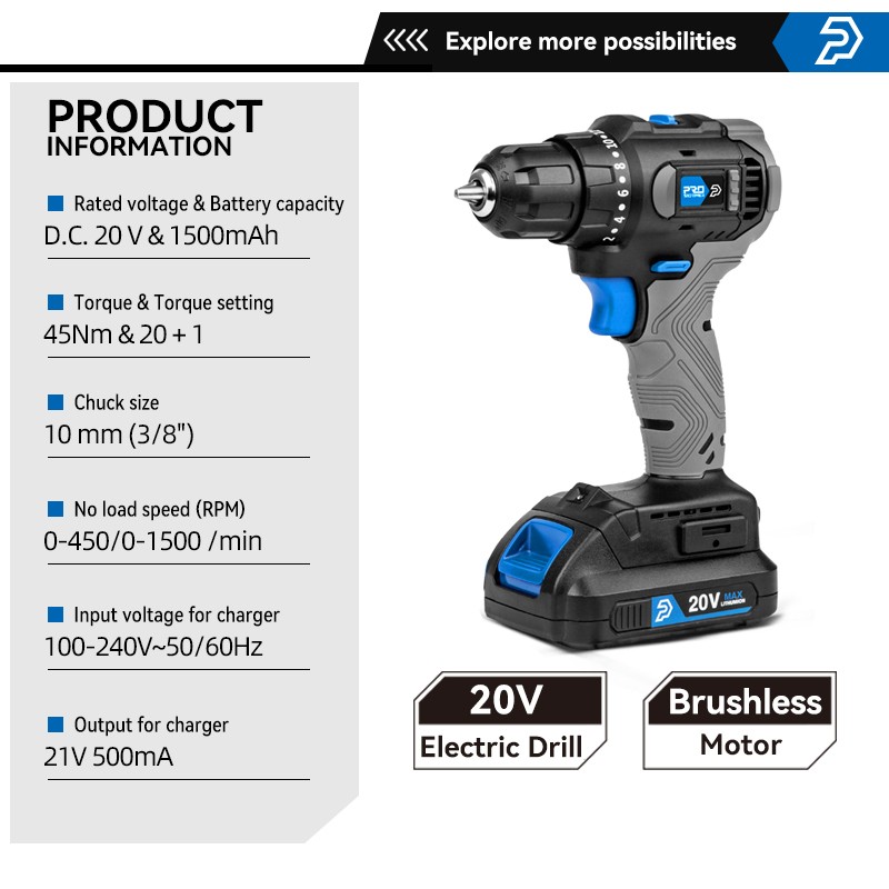 Electric Drill Brushless 45NM Cordless Drill 20V Mini Electric Power Tools Repair Screwdriver 5pcs Bits by PROSTORMER