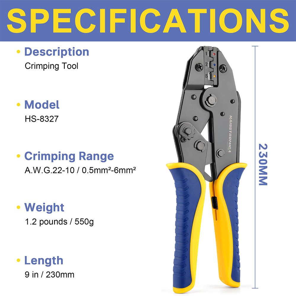 Haisstronica Crimping Tool Heat Shrink Connectors AWG 22-10 , Available For Nylon Connectors Electrical Connectors HS-8327