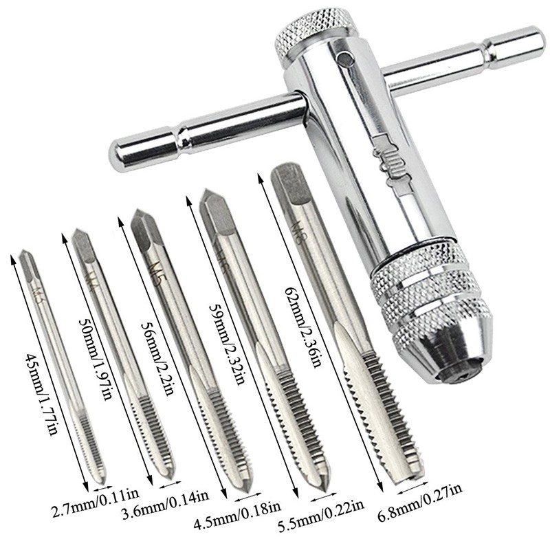 M3-M8 Lengthen Reversible T Handle Ratchet Tap Taps Wrenches Wire Tapping Wrench Silver Adjustable Holder Tool