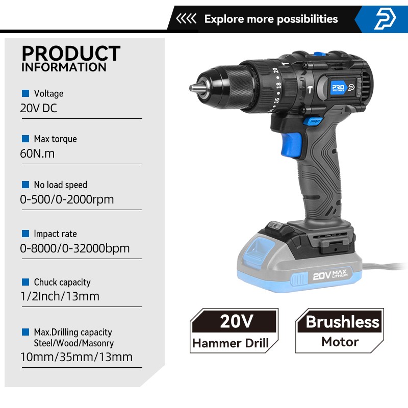 60NM Brushless Electric Hammer Drill Machine 20V Cordless Impact Screwdriver 13mm Steel Wood Construction Power Bare Tools PROSTORMER