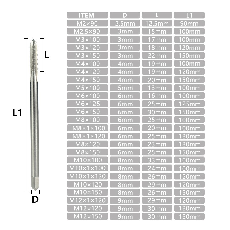 XCAN Machine Screw Faucet HSS Screw Taps 90-150 Long Shank Metric Plug Tap M2-M12 For Metalworking Tools Straight Flute Screw Tap