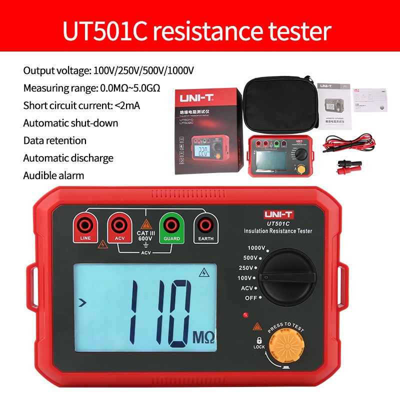 Uni-T Insulation Resistance Tester UT501C 100V 250V 500V 1000V Digital Megohmmeter 5GΩ High Voltage Motor Cable Ohm Megommeter