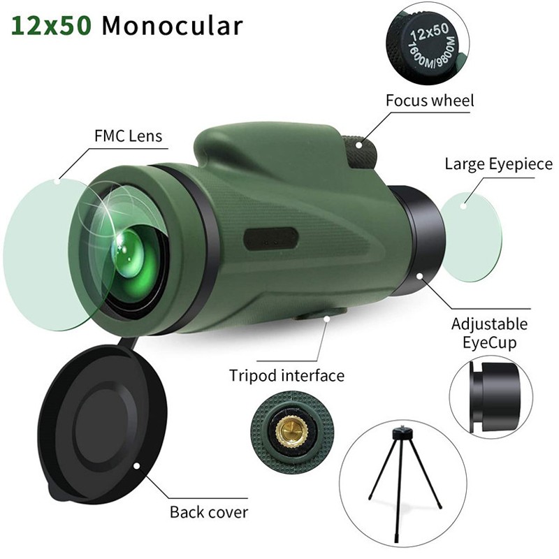 Large field of view 12X50 monocular outdoor camping travel hunting HD FMC telescope with tripod mobile phone holder bird watching