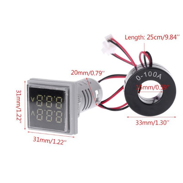 Square LED Digital Dual Display Voltmeter & Ammeter Voltage Gauge Current Meter AC 60-500V 0-100A D18