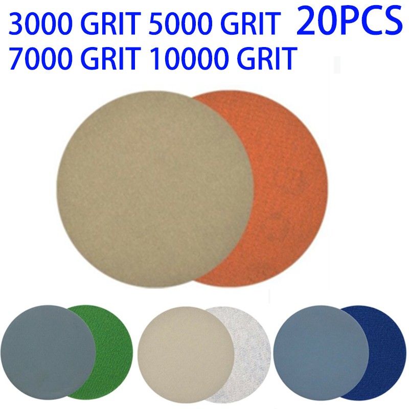 20pcs 3 inch sanding discs hook loop sanding discs grit 3000 /5000 /7000/ 10000 emery round disc sand paper and paper