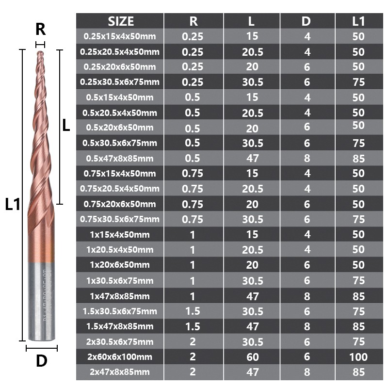 XCAN Ball Nose Tapered End Mills HRC62 Carbide CNC Carving Bits Engraving Router Bits R0.25-R2.0 Wood Metal Milling Cutter Endmill