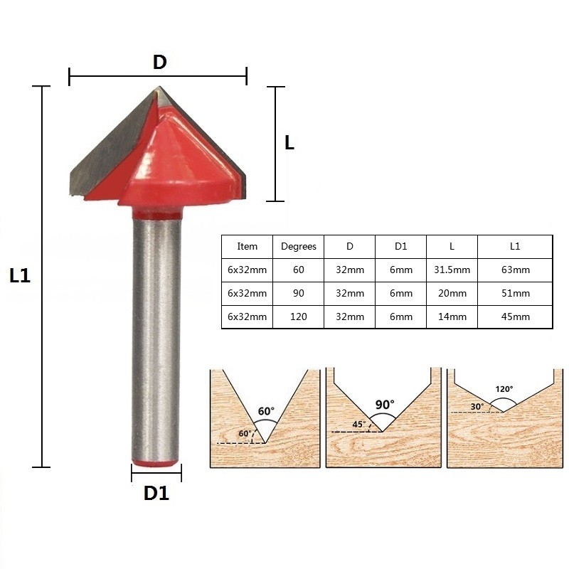 XCAN 1pc 32mm V Shape Milling Cutter 90 Degree Wood Router Bits CNC End Mills 6mm Shank for Woodworking Trimming Engraving Bits