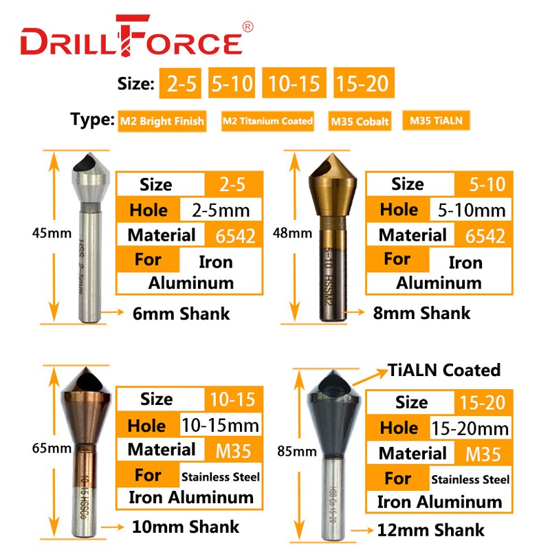 Drillforce Drill Bit Drill Bit HSS M2 M35 Cobalt Deburring 90 Degree Chamfer Hole Type Cutter (2-5 5-10 10-15 15-20mm)