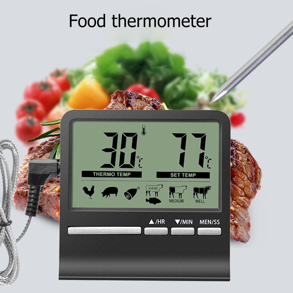 Digital Kitchen Barbecue Food Thermometer Stainless Steel Probe Outdoor BBQ Cooking Oven Meat Food Temperature Alarm Timer