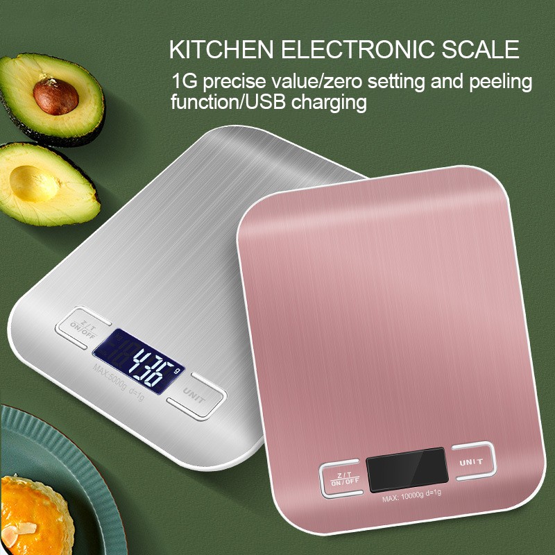 المطبخ مقياس الفولاذ المقاوم للصدأ مقياس ميزان للأغذية النظام الغذائي البريدي التوازن قياس LCD الدقة USB شحن ميزان إلكتروني