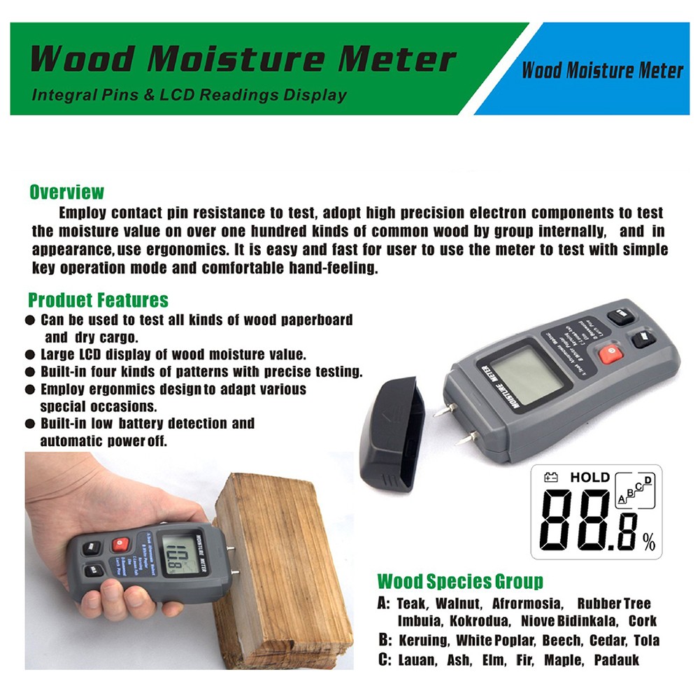 9V Wood Moisture Meter Digital LCD 0-99.9% Two Pins ABS Wood Wood Moisture Humidity Tester Timber Moisture Detector