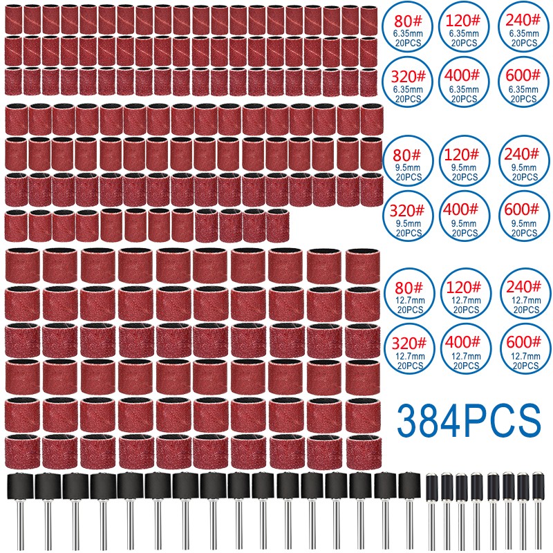 CMCP 384pcs Sanding Bands Kit Grit 80 120 240 320 400 600 Sandpaper with 1/4 1/2 Sanding Drum for Dremel Rotary Polishing Tool