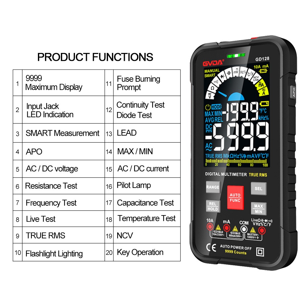 New 9999 Digital Multimeter Intelligent Auto Range Meter 1000V 10A Capacitance Ohm Hz Meter RMS AC DC DMM Multi Tester