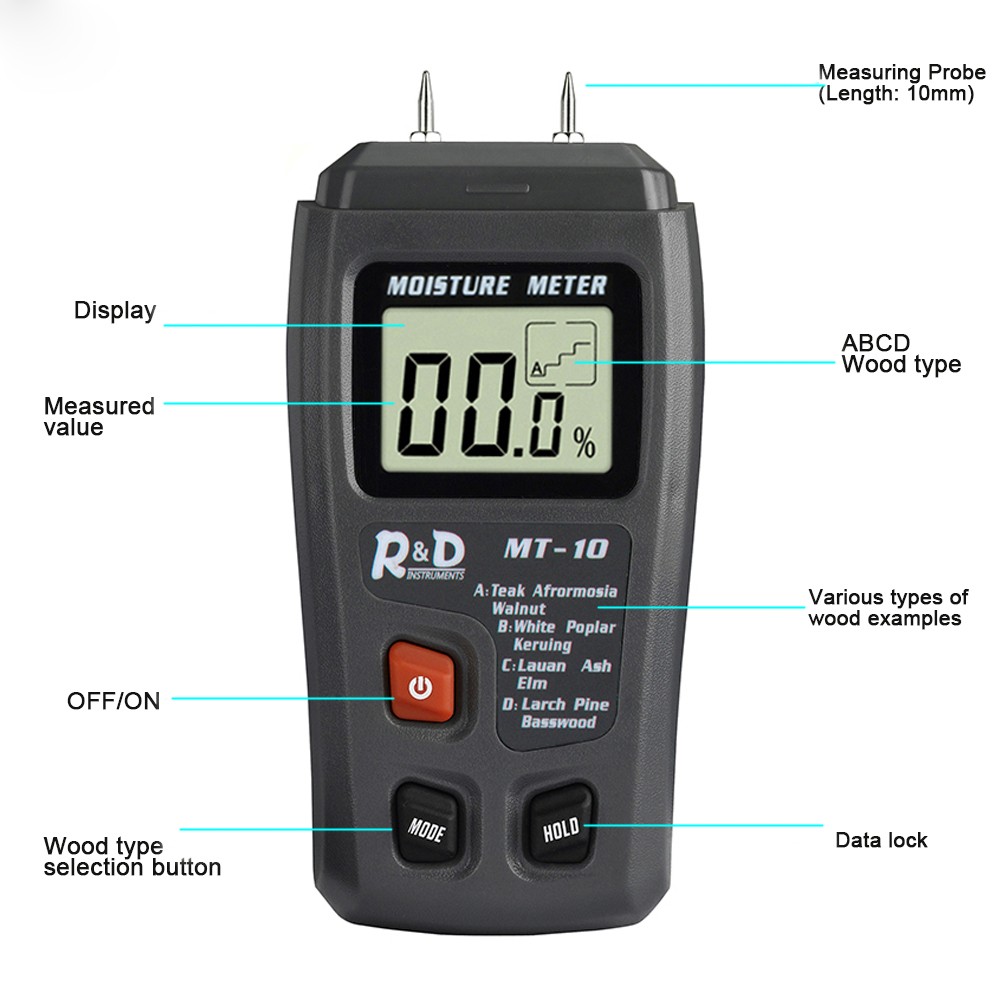 R&D MT10 Wood Hygrometer Hygrometer Timber Humidity Detector Tree Digital Density Tester Gray EMT01 Wood Humidity Tester