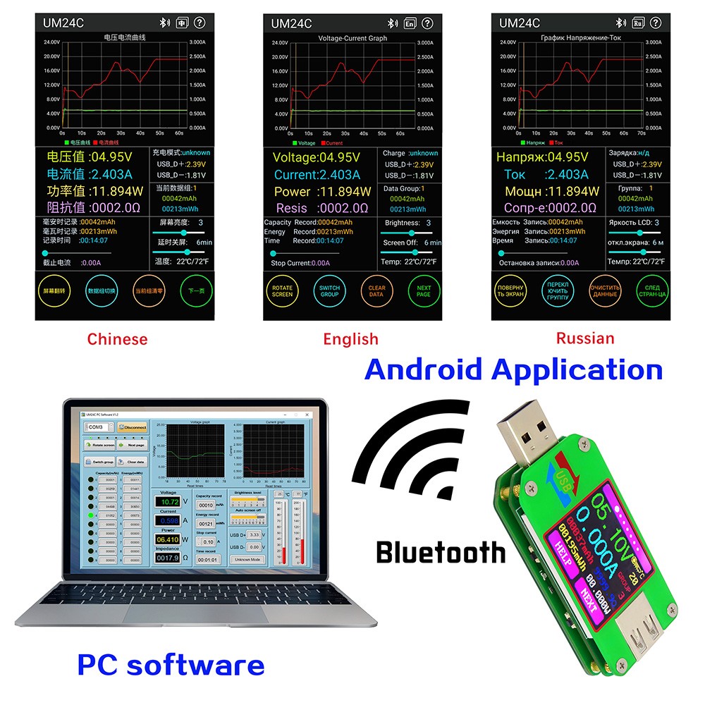 UM24 UM24C ل APP USB 2.0 شاشة الكريستال السائل الفولتميتر مقياس التيار الكهربائي بطارية تهمة الجهد الحالي متر كابل جهاز اختبار المقاومة-12006014