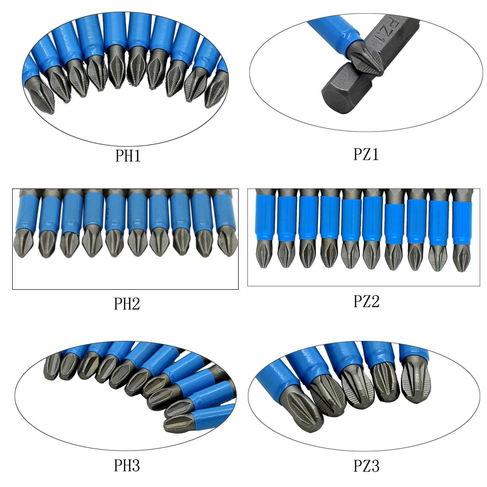 Magnetic Screwdriver Set 1/4" Hexagon Anti-Slip Leg Phillips Electric Power Tools Accessories 10pcs 50mm PH1 PH2 PH3 PZ1 PZ2 PZ3