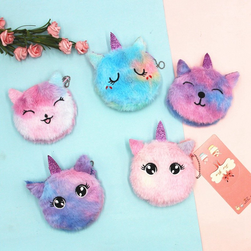 Cute Cat Fur Circle Purse Girl Clutch Bag Embroidered Key Headphone Organizer Pouch Kids Gift Cartoon Plush Unicorn Coin Purse