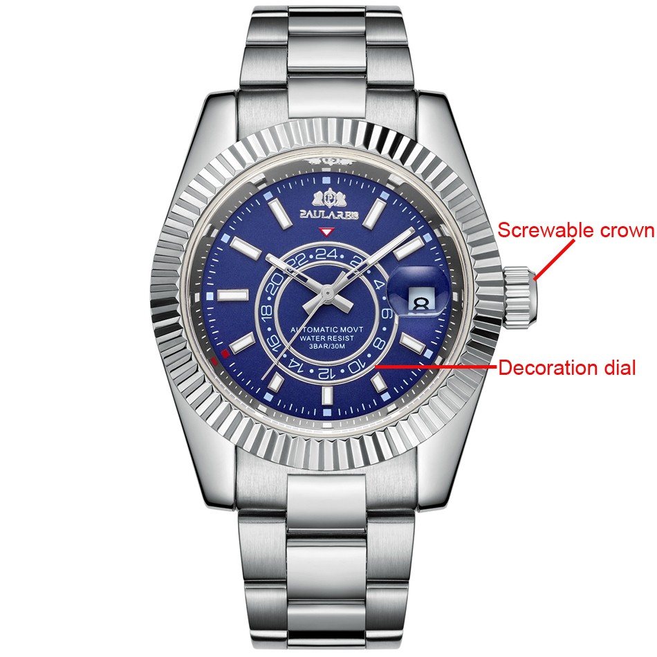 Men's automatic self-wind mechanical stainless steel strap rose gold silver blue date luxury sky 40mm watch