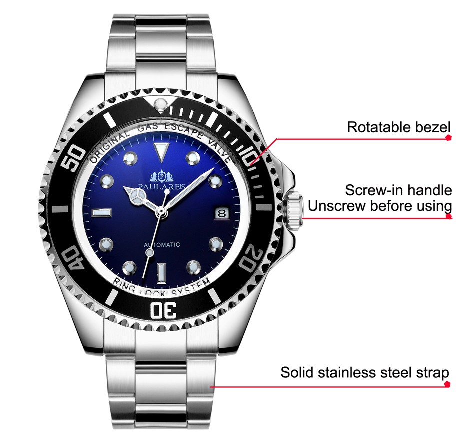 Men's automatic self-wind mechanical stainless steel strap gold silver gradient black blue dial date business watch