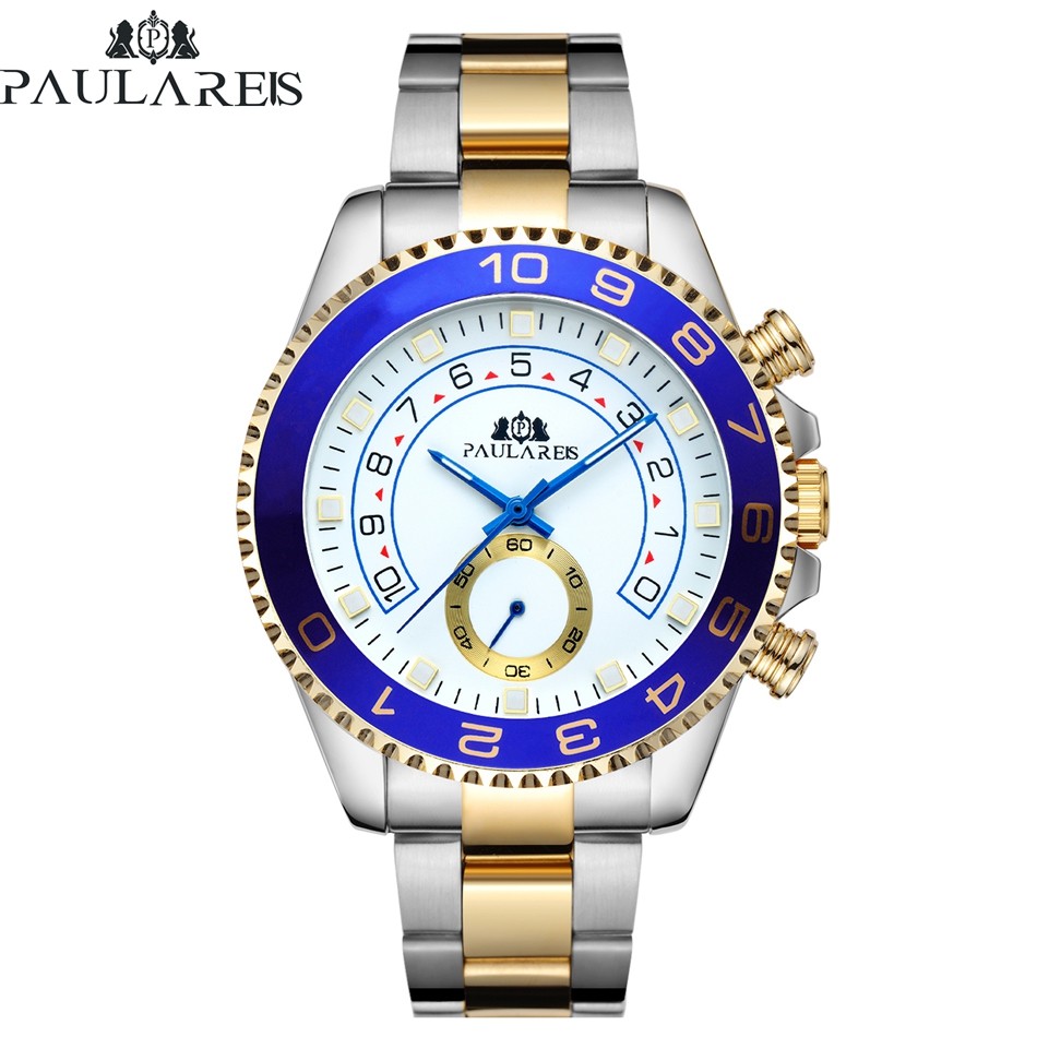 Automatic self-wind mechanical stainless steel strap casual gold yellow silver blue bezel master business men's watch