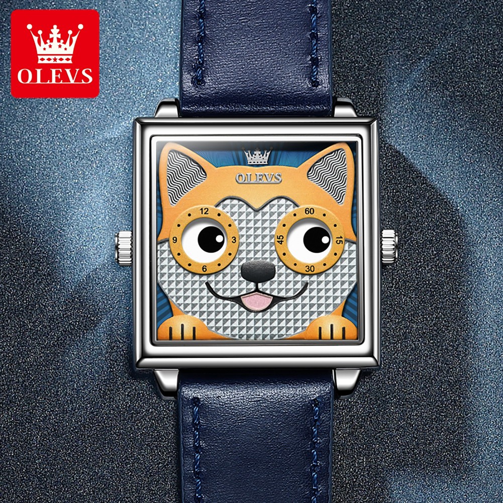 OLEVS Square Trendy Corium Strap Women Wristwatches Quartz Fashion Waterproof Watches for Women Cartoon Dog Watch