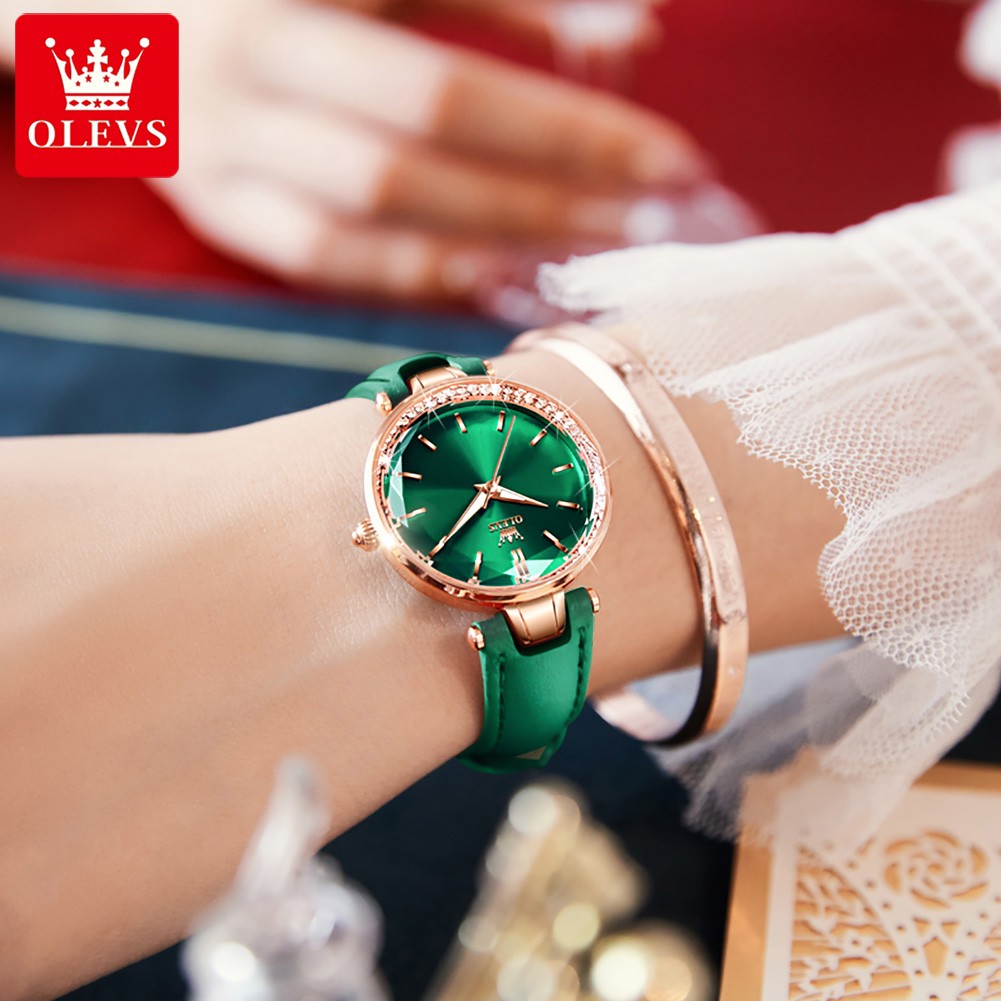 OLEVS Quartz High Quality Women's Wristwatch Waterproof Corium Strap Watches Fashion For Women Green Diamond Watch