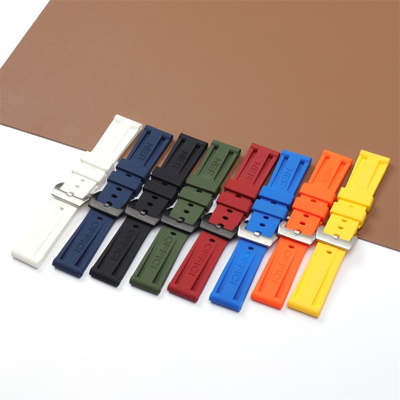 High Quality Black Blue Red Orange Army Green Watchband Silicone Rubber Strap for Panerai Pin Buckle 22mm 24mm 26mm