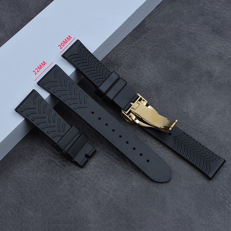 20mm 22mm Watchband Black Waterproof Soft Silicone Rubber Wrist Watch Band Silver Gold Clasp Buckle For Tudor Belt Tools Logo