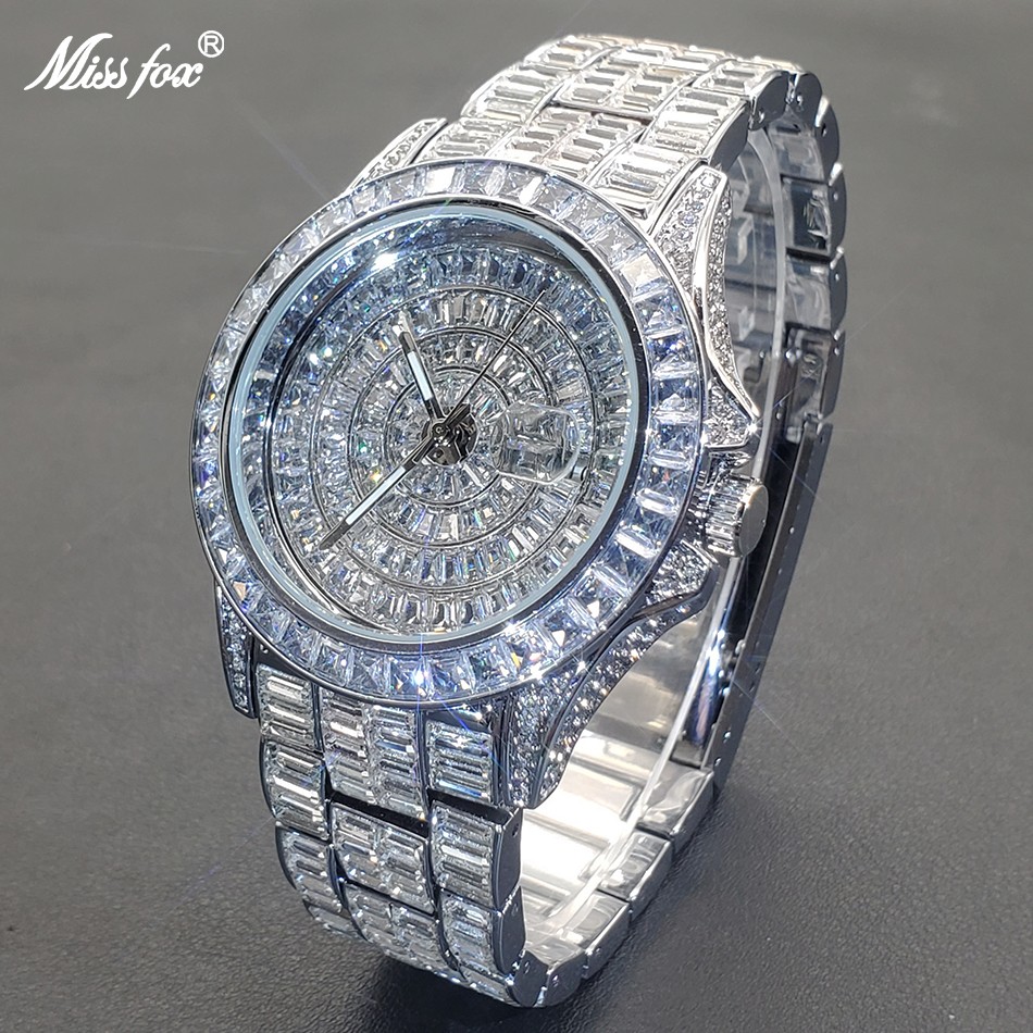 MISSFOX Ice Out Watches For Men Luxury Handmade Mosaic Diamond Silver Steel Watch Fashion Hip Hop Automatic Date Male Clock 2022