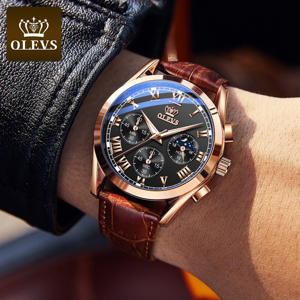 OLEVS 2020 New Fashion Men's Watches With Brown Leather Jacket Luxury Brand Sport Chronograph Quartz Watch Men Relogio Masculino