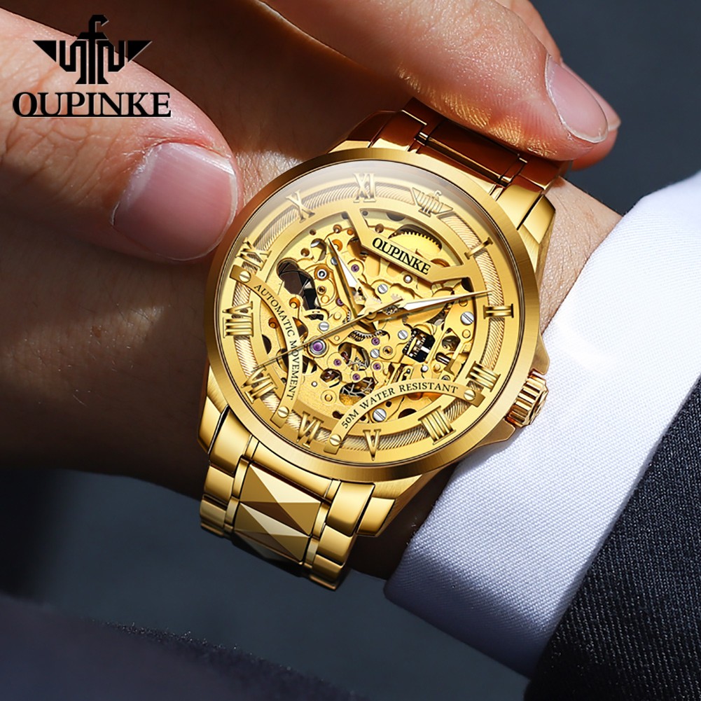 OUPINKE Brand Skeleton Watch for Man Luxury Automatic Mechanical Watch Japan Movement Waterproof Steel Strap Wristwatch