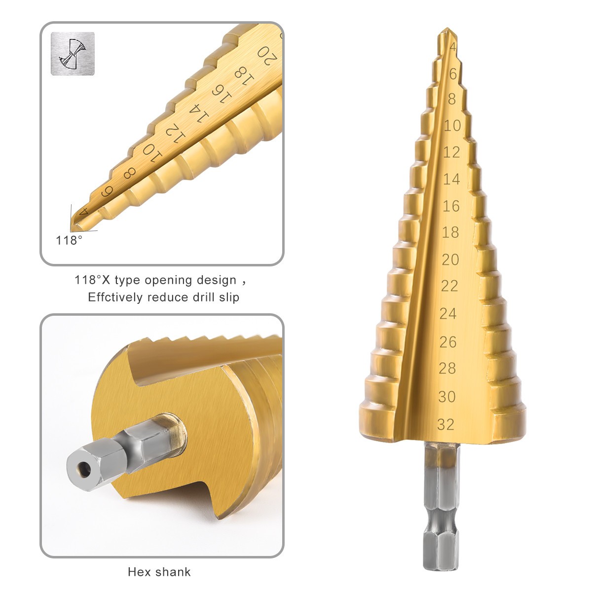 Big Size 4-32mm High Speed ​​Steel Titanium Coated Step Drill Bit For Metal Wood Expanding Hole Cutter Woodworking Power Tools