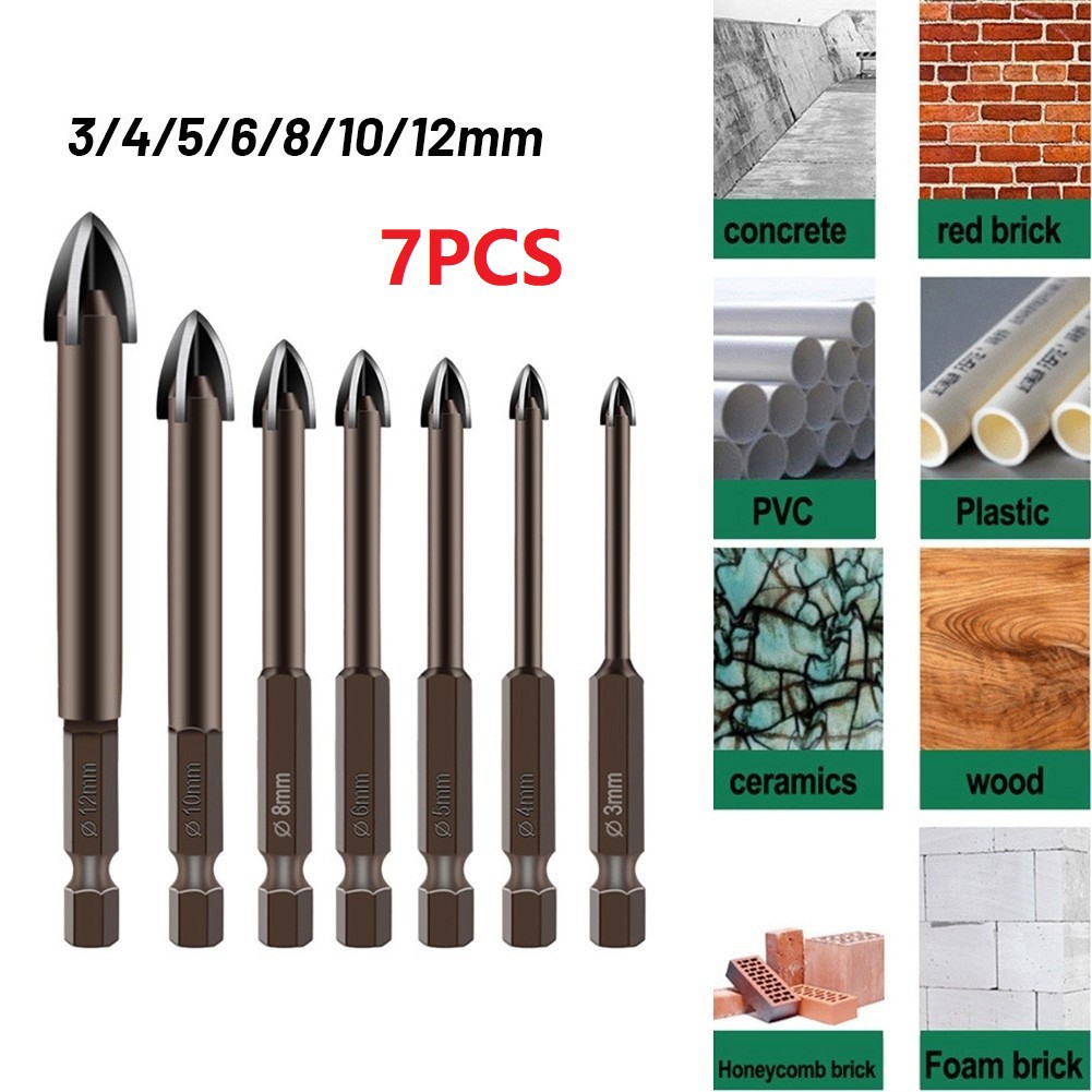 6/7pcs Glass Drill Bit Set Hex Tile Bits Cup Ceramic Concrete Hole Opener Carbide Point Tile Glass Cross Spear Head Drill Bi