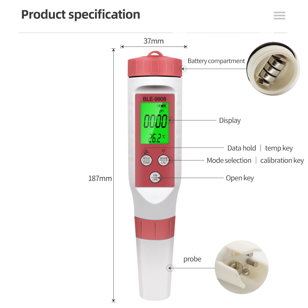 Bluetooth Compatible Meter 4 in1 PH/TDS/EC/Temperature Water Quality Pen APP Smart Control Water Quality Detector for Aquarium