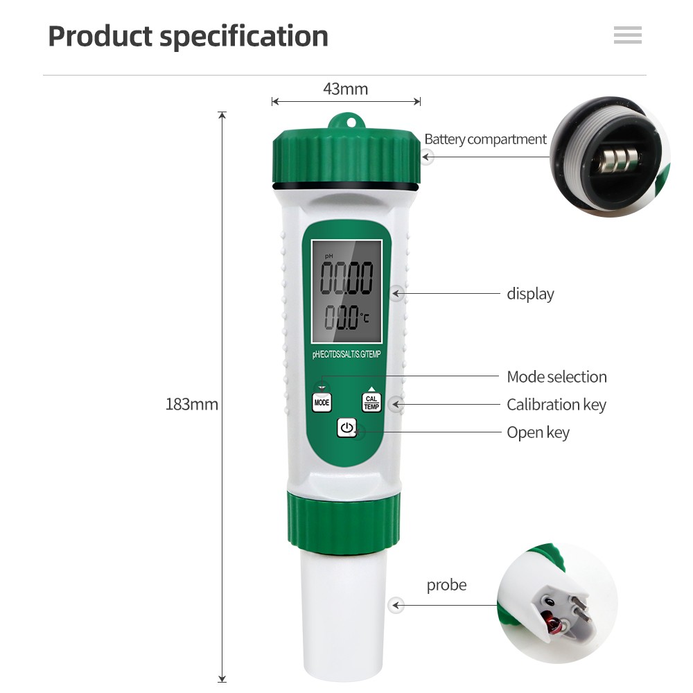 High Accuracy 6 in 1 PH/ EC/ TDS/ Salt/ S.G/ Temperature Test Meter Analyzer Acid Probe Analyzer for Drinking Aquarium 40% Off