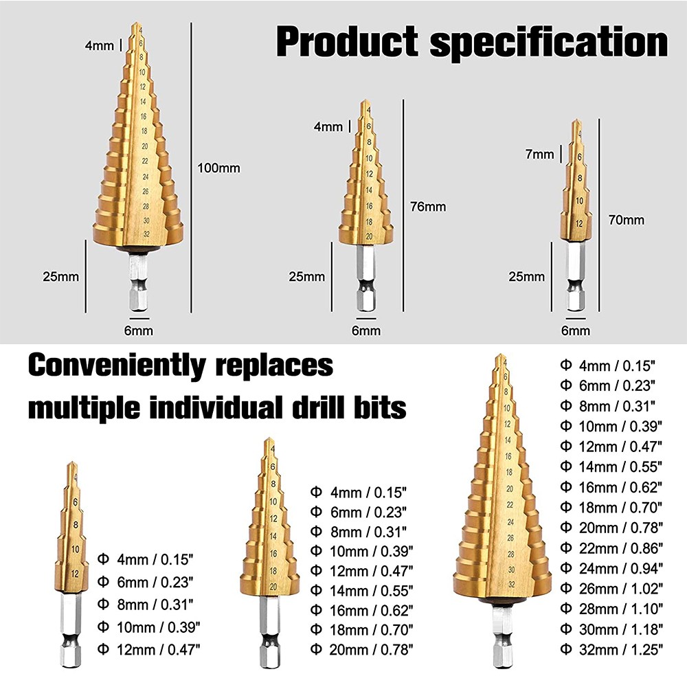 3pcs HSS Titanium Coated Step Drill Bit Set Stepped Cone Metal Hole Saw Cutter Metric 4-12/20/32mm Hex Tools