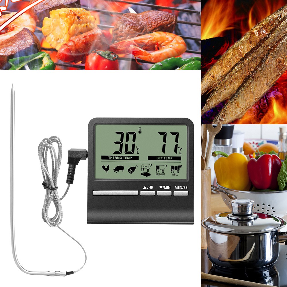 Digital Kitchen Thermometer LCD Display Long Probe for BBQ Oven Food Meat Cooking Alarm Timer Measuring Tools