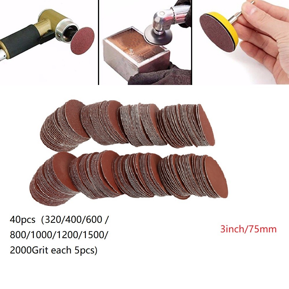 40pcs/set 3 inch 75mm sanding discs hook loop sandpaper abrasive sand sheets 320/400/600/800/1000/1200/1500/2000 grit