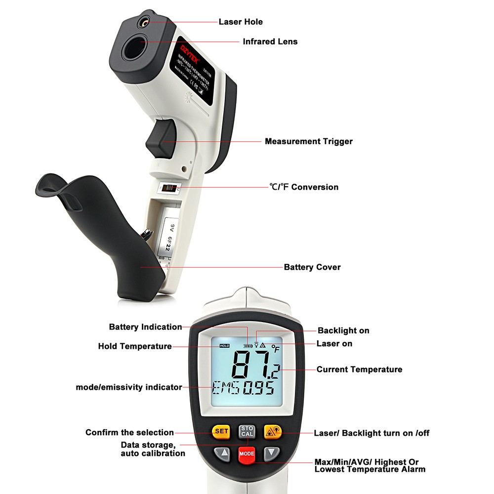 DZYTEK Laser Infrared Thermometer with Data Storage High Low Temperature Alarm Thermometer -58°F-1742°F Handheld Digital Thermometer Gun