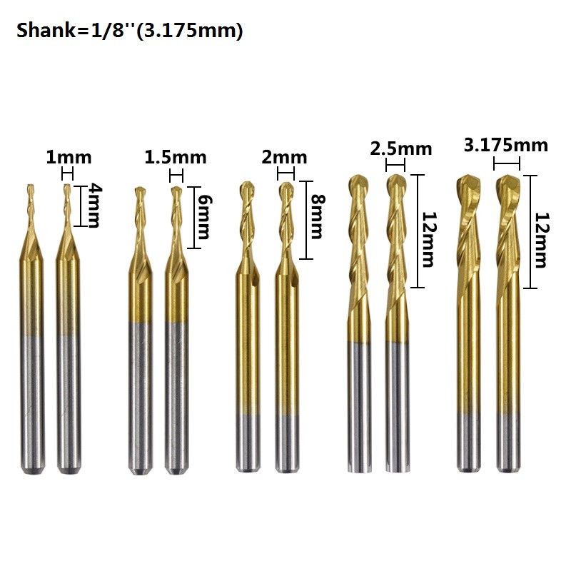 XCAN CNC Spiral Milling Cutter 1/8'' (3.175mm) Shank 10pcs Tin Coated Ball Nose Router Bits Carbide End Mill Woodworking Cutter