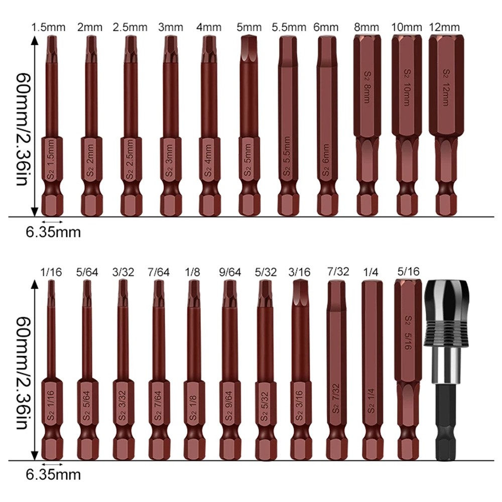 23pcs Wrench Drill Bit Hex Head Allen Wrench Drill Bit Set Metric SAE S2 Steel Hex Bit Set 65mm Long Magnetic Screwdriver Bits